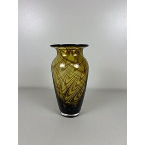 Hand Blown Art Glass Vase Amber Brown Swirl Pulled Feather Pattern 7.75 Inch